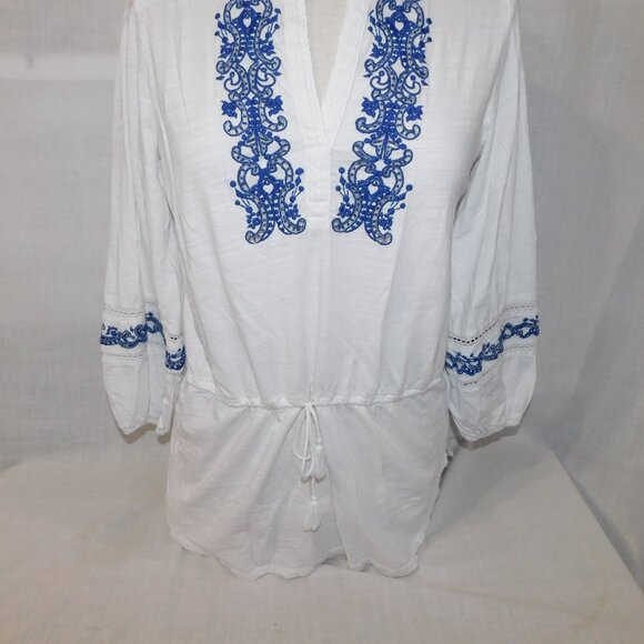 Lauren Ralph Lauren M White Blue Embroidered Tunic Top Boho Peasant Blouse - Picture 4 of 12